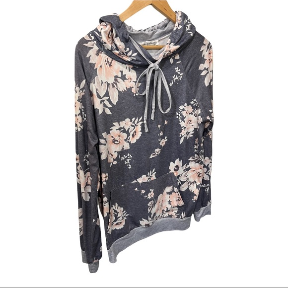 ANGASHION MARLED GRAY AND BLUSH PINK FLORAL LS SOFT STRETCHY HOODIE TOP - Picture 5 of 13